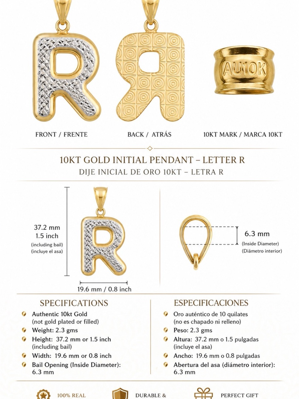 10kt Gold Initial Pendant Letter R - Two-Tone Finish